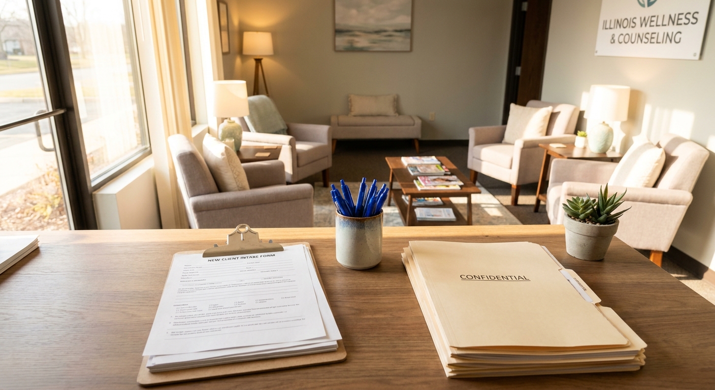Professional intake desk at Illinois counseling office with evaluation paperwork and forms ready for appointment