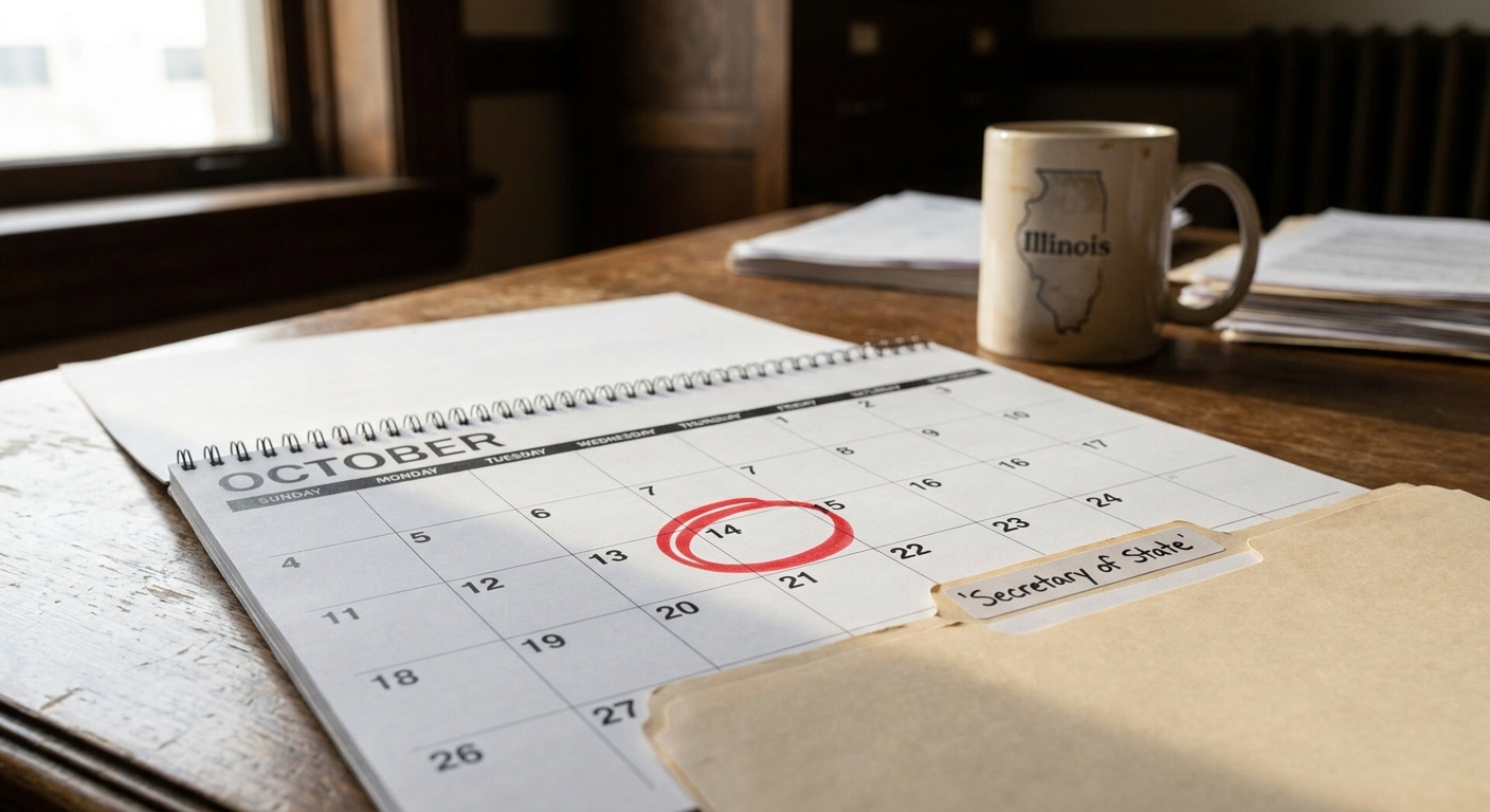 Calendar on desk with circled hearing date and Illinois Secretary of State folder showing DUI evaluation deadline planning